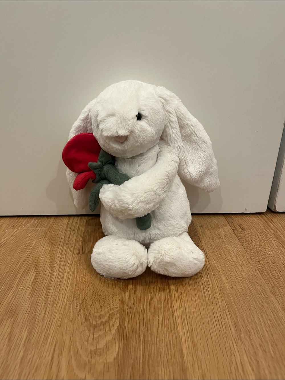 Jellycat Cream Plush Bunny with Red Flower Accent